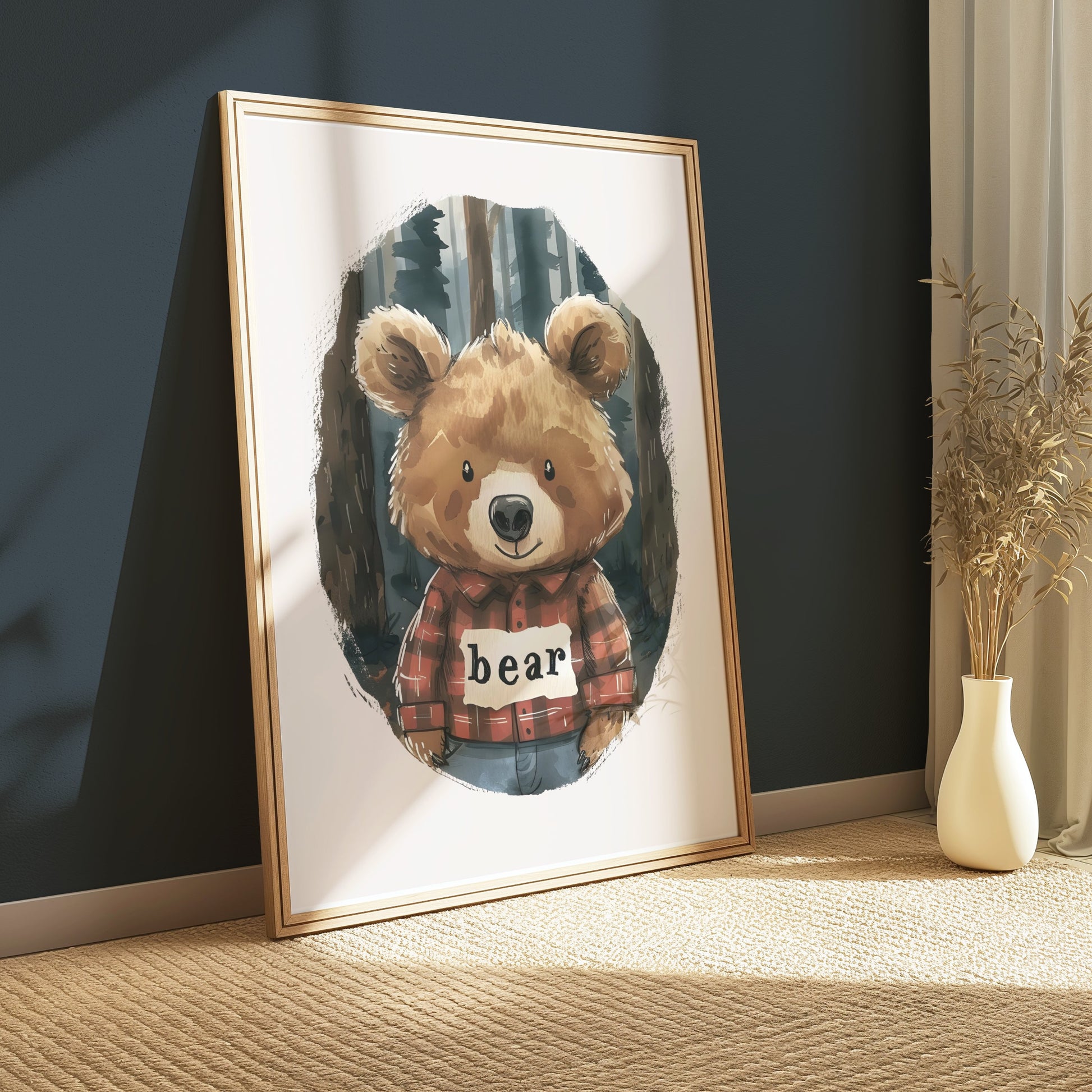 Premium Poster of Cute Bear in Plaid Shirt in Forest Illustration Posters