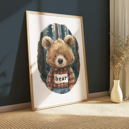 Premium Poster of Cute Bear in Plaid Shirt in Forest Illustration Posters