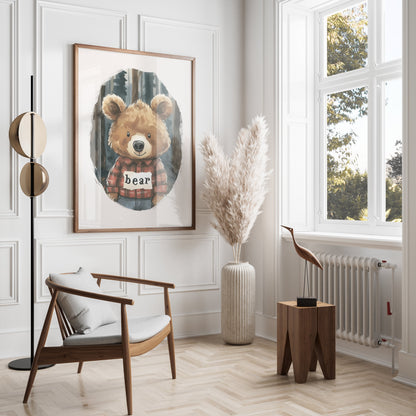 Premium Poster of Cute Bear in Plaid Shirt in Forest Illustration Posters