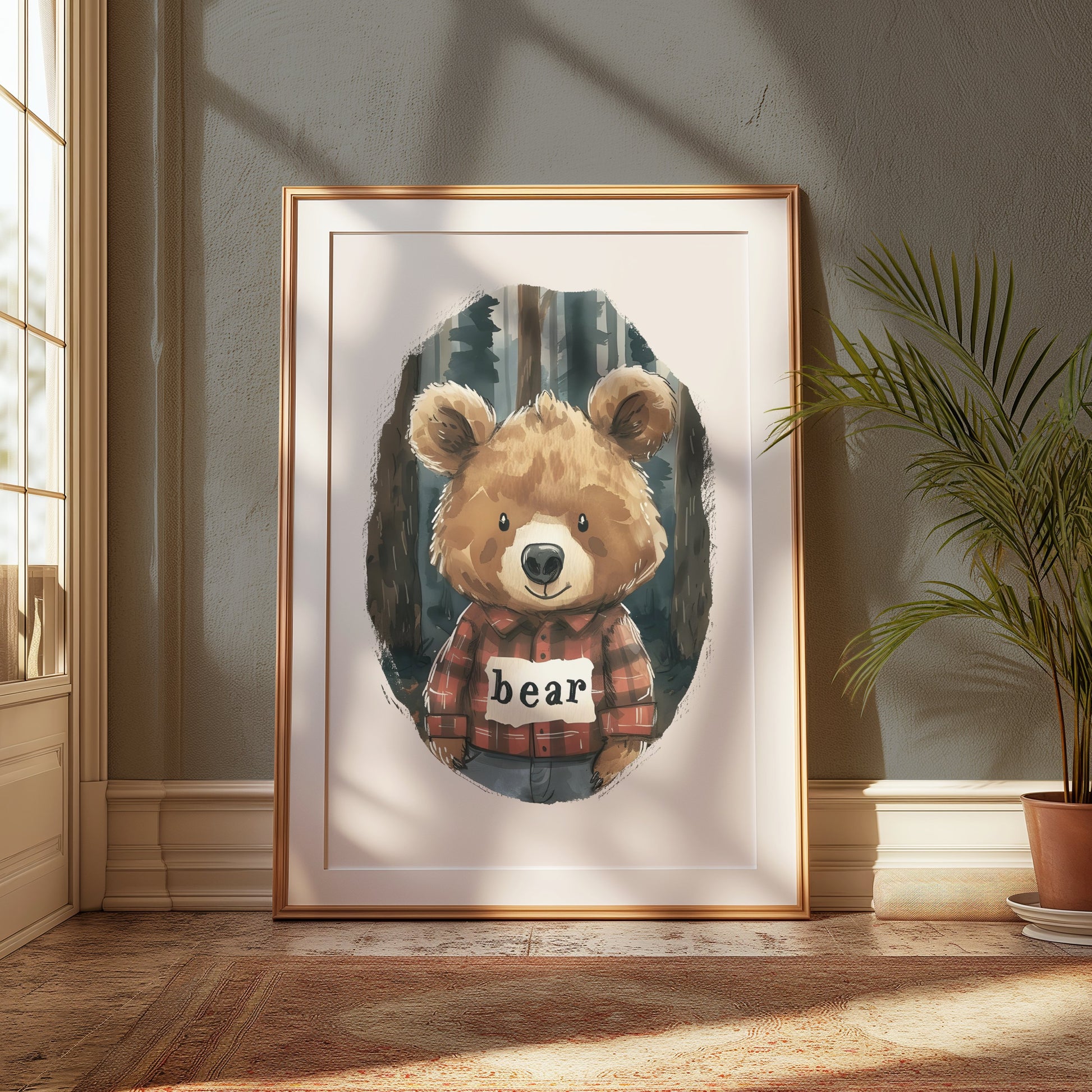 Premium Poster of Cute Bear in Plaid Shirt in Forest Illustration Posters