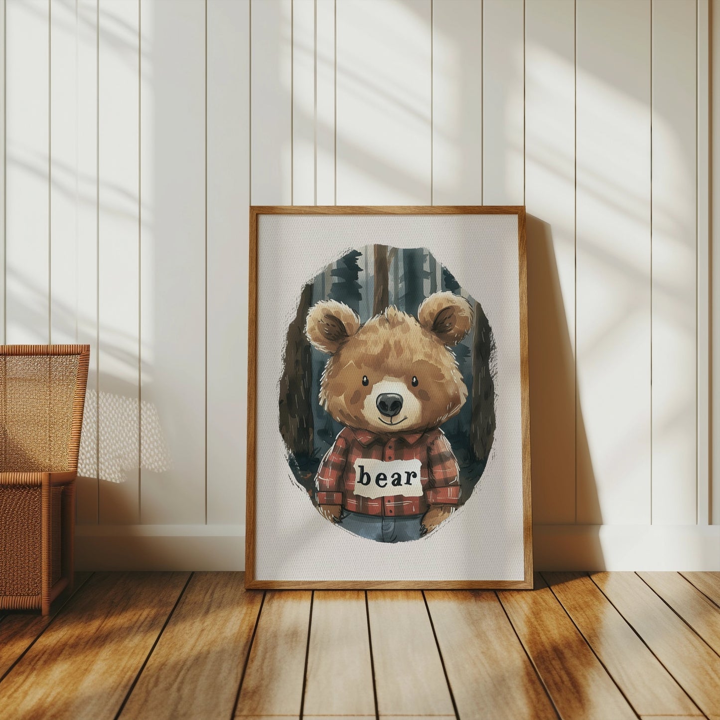 Premium Poster of Cute Bear in Plaid Shirt in Forest Illustration Posters