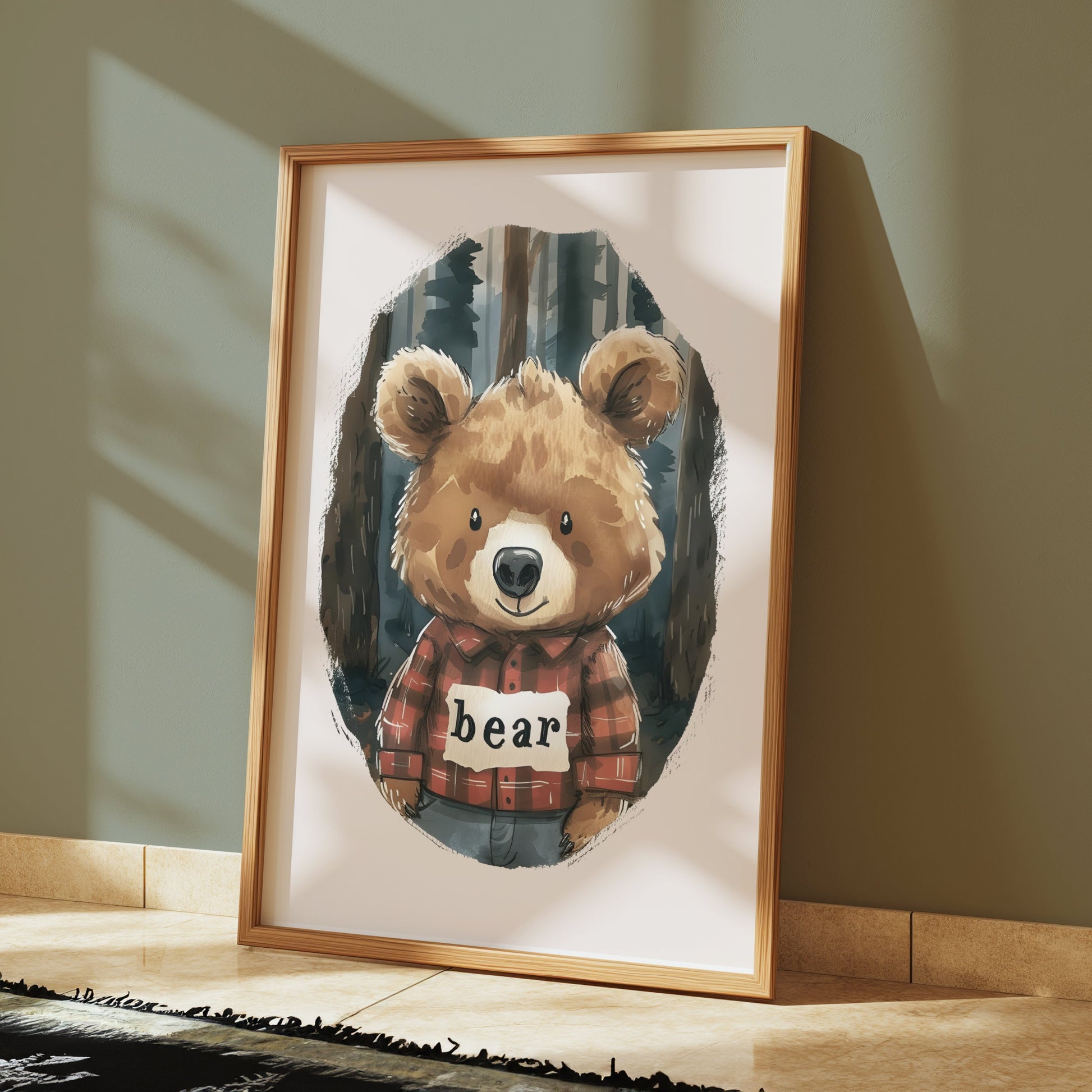 Premium Poster of Cute Bear in Plaid Shirt in Forest Illustration Posters