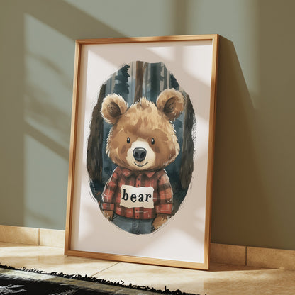 Premium Poster of Cute Bear in Plaid Shirt in Forest Illustration Posters