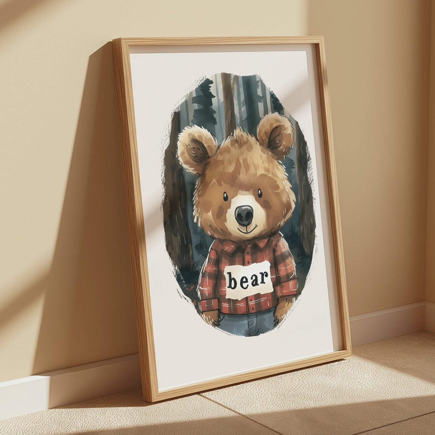 Premium Poster of Cute Bear in Plaid Shirt in Forest Illustration Posters