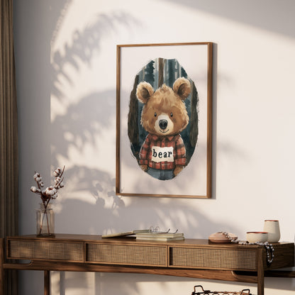 Premium Poster of Cute Bear in Plaid Shirt in Forest Illustration Posters