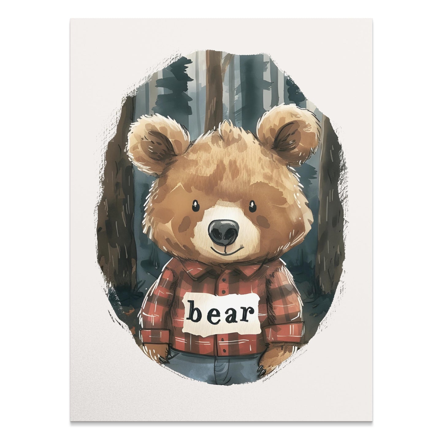 Premium Poster of Cute Bear in Plaid Shirt in Forest Illustration Posters