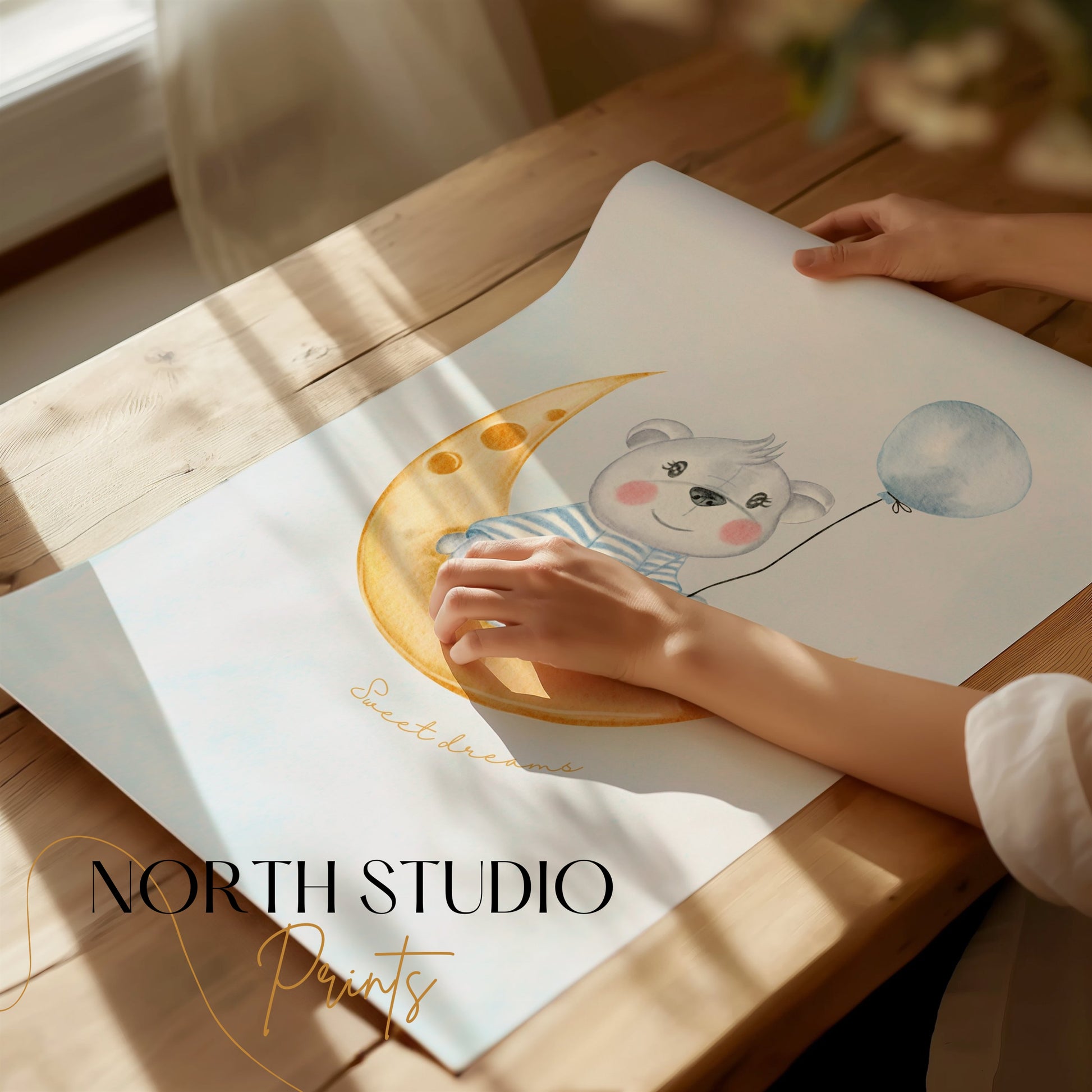 Premium Poster of Cute Bear on Moon Sweet Dreams Balloons Posters