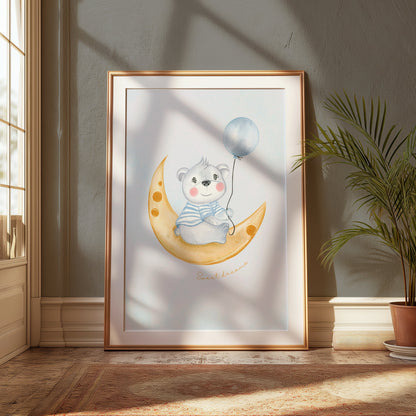 Premium Poster of Cute Bear on Moon Sweet Dreams Balloons Posters