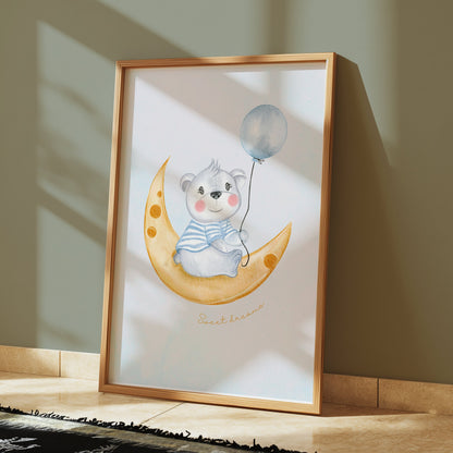 Premium Poster of Cute Bear on Moon Sweet Dreams Balloons Posters