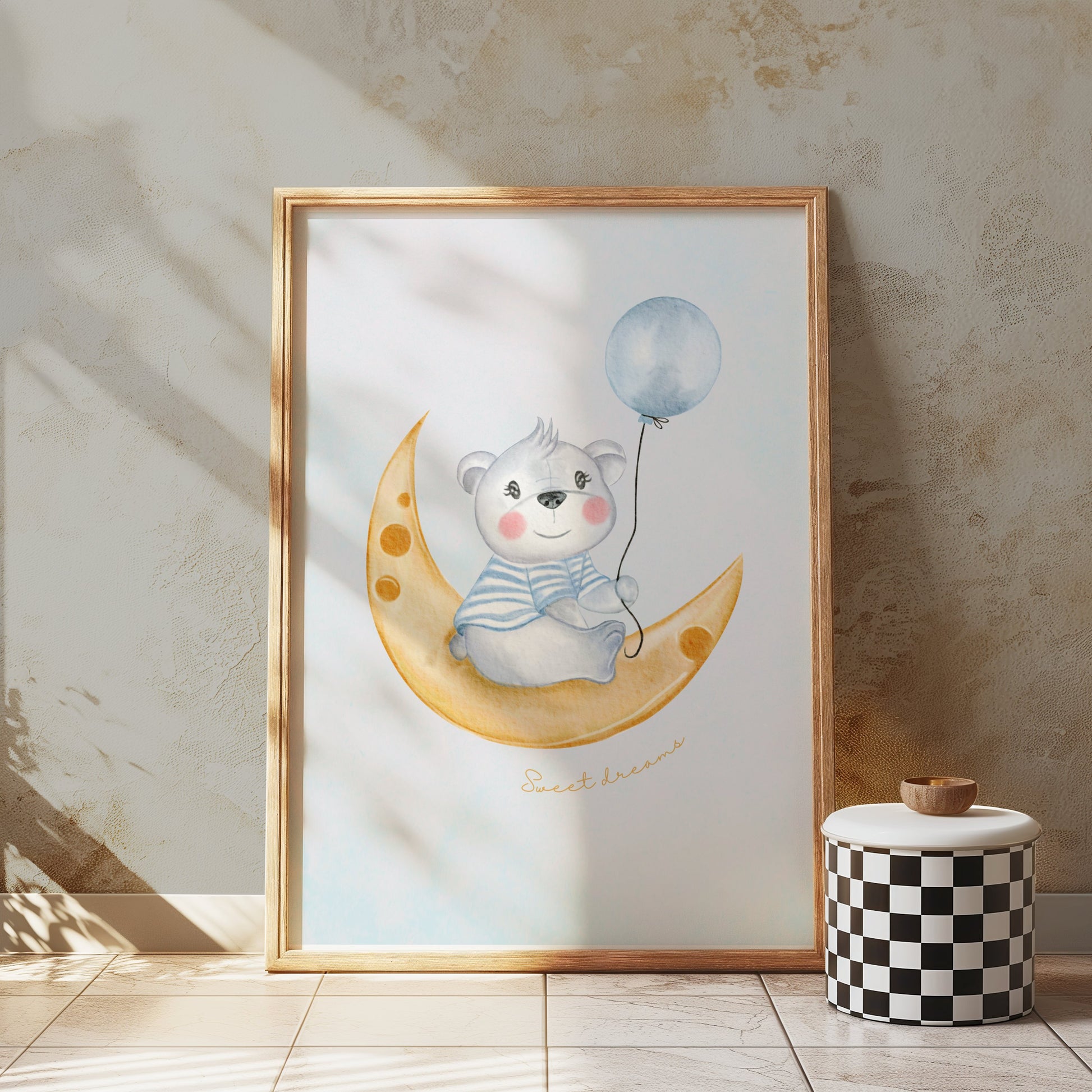 Premium Poster of Cute Bear on Moon Sweet Dreams Balloons Posters