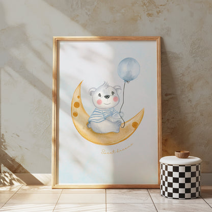 Premium Poster of Cute Bear on Moon Sweet Dreams Balloons Posters