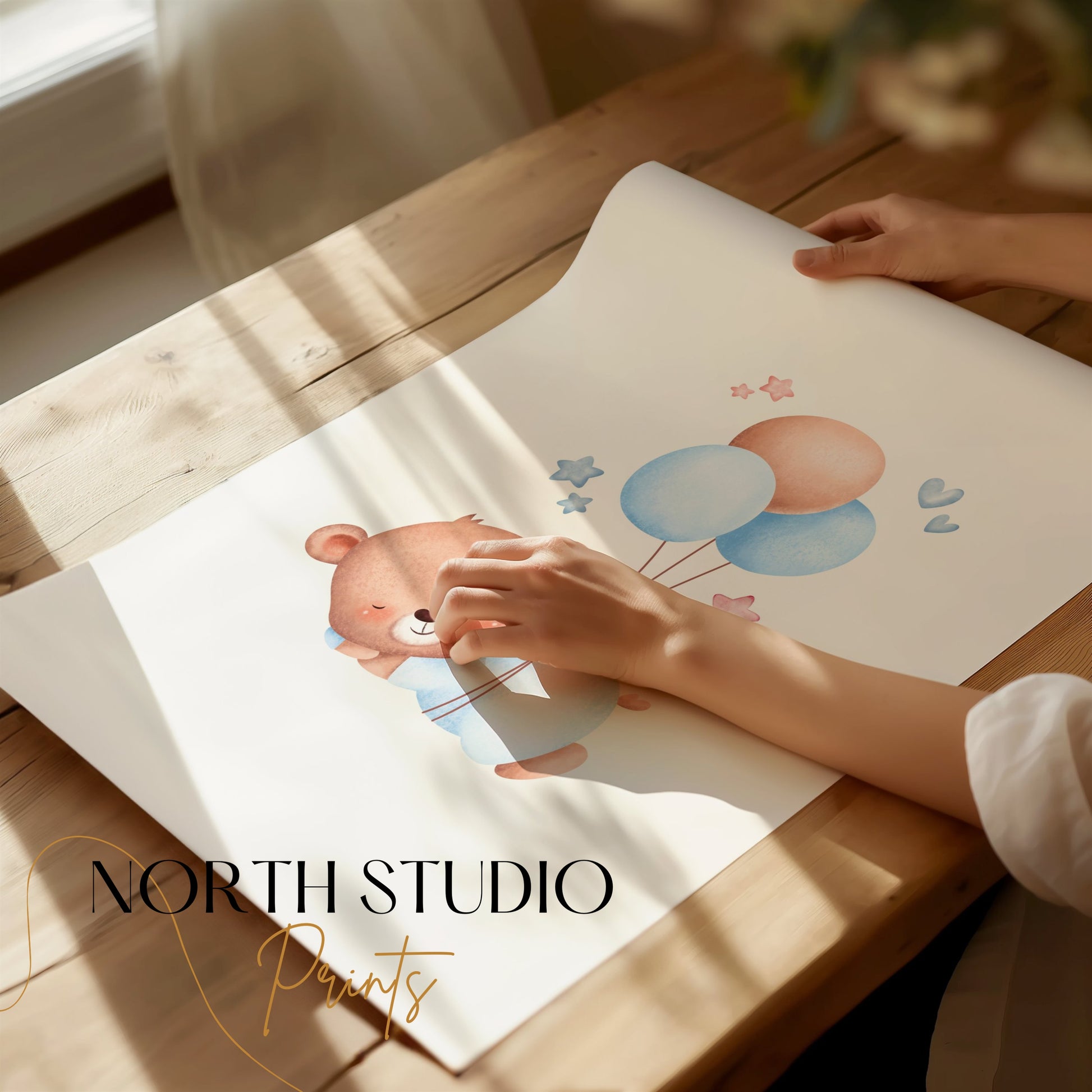 Premium Poster of Cute Bear with Balloons and Stars Nursery Posters