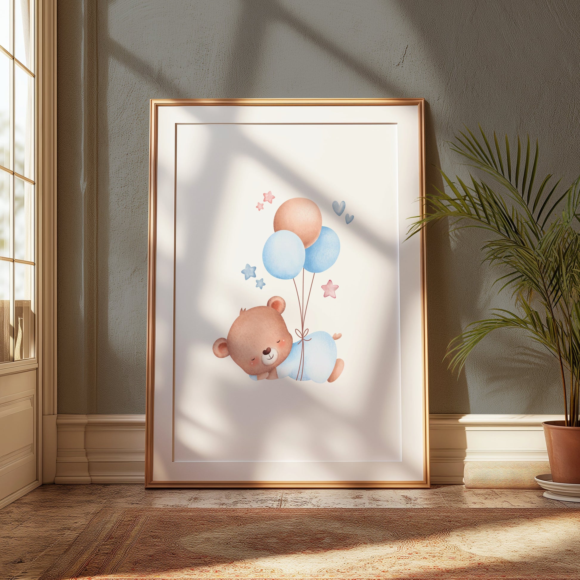 Premium Poster of Cute Bear with Balloons and Stars Nursery Posters