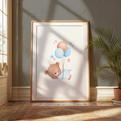 Premium Poster of Cute Bear with Balloons and Stars Nursery Posters