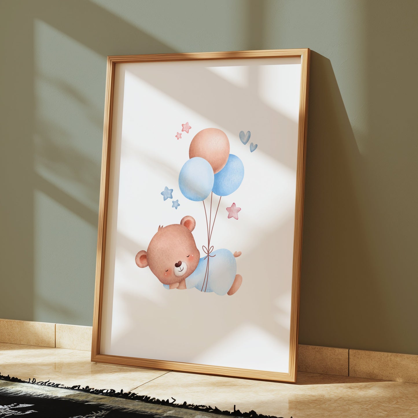 Premium Poster of Cute Bear with Balloons and Stars Nursery Posters