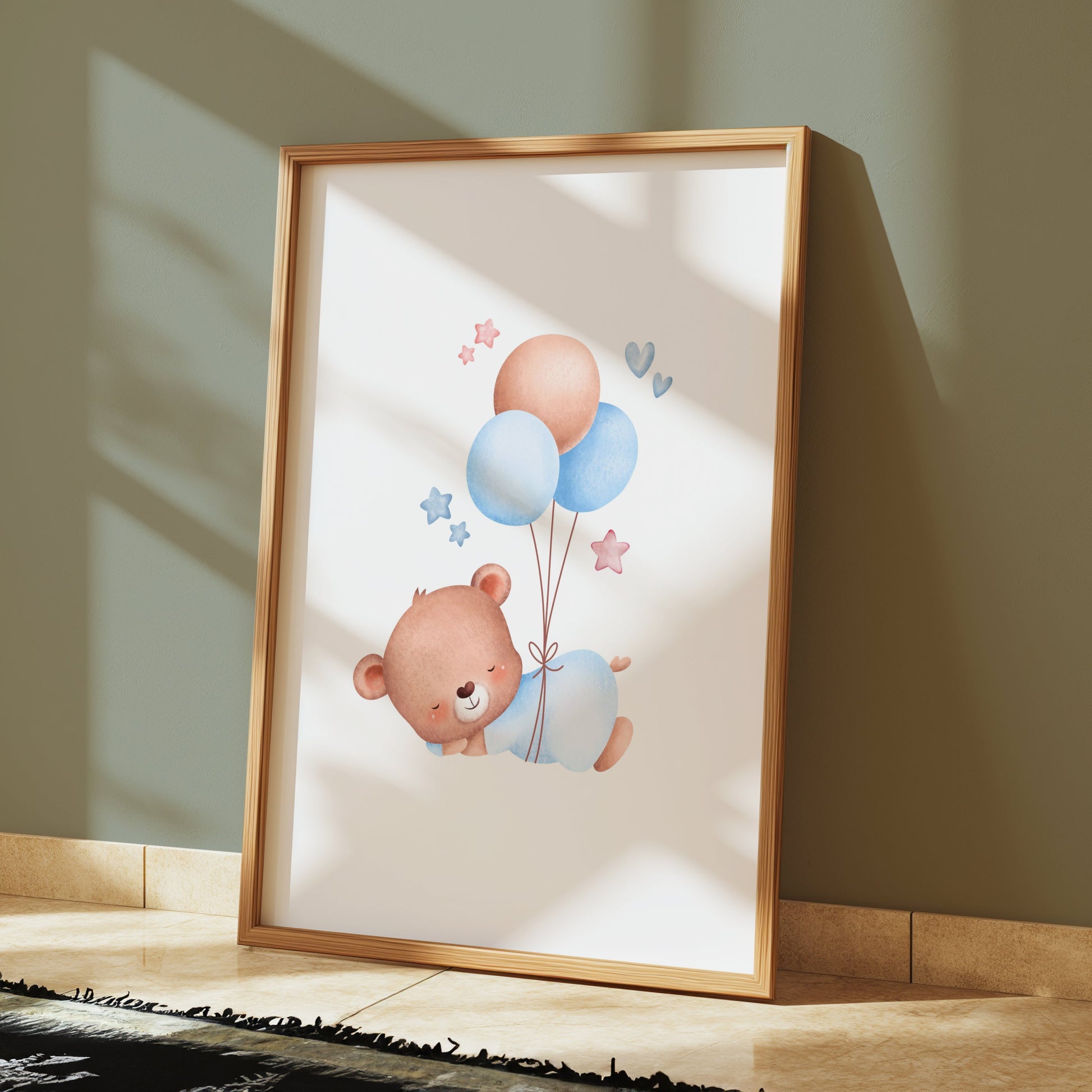 Premium Poster of Cute Bear with Balloons and Stars Nursery Posters