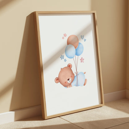 Premium Poster of Cute Bear with Balloons and Stars Nursery Posters