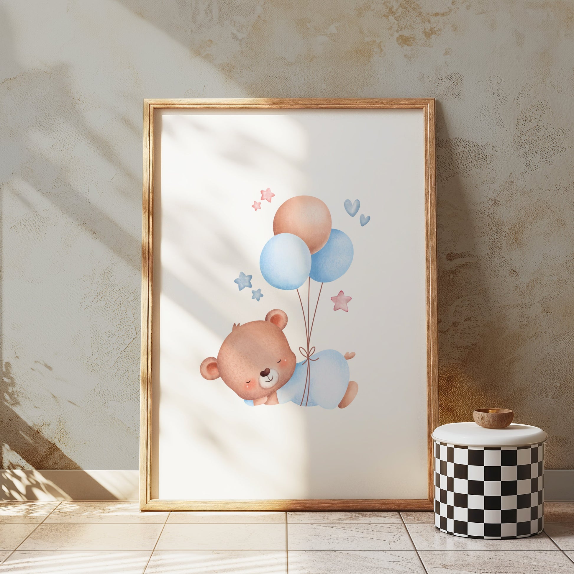 Premium Poster of Cute Bear with Balloons and Stars Nursery Posters