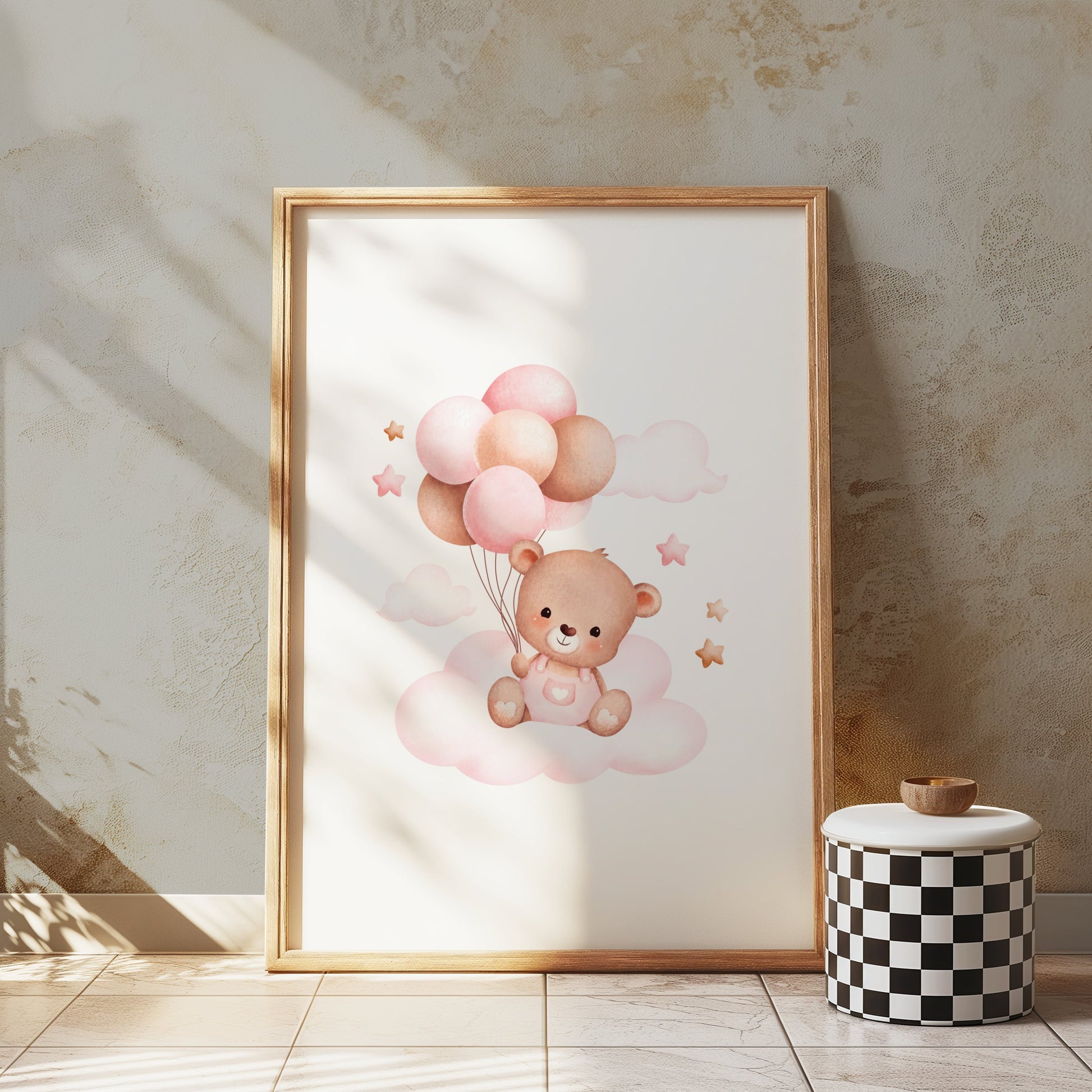 Premium Poster of Cute Bear with Balloons on Clouds Nursery Art Posters