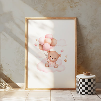 Premium Poster of Cute Bear with Balloons on Clouds Nursery Art Posters