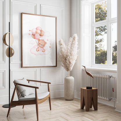 Premium Poster of Cute Bear with Balloons on Clouds Nursery Art Posters