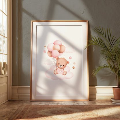 Premium Poster of Cute Bear with Balloons on Clouds Nursery Art Posters