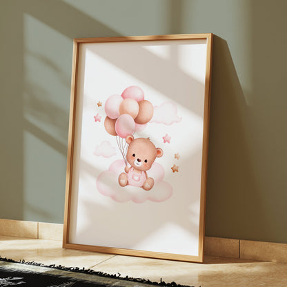 Premium Poster of Cute Bear with Balloons on Clouds Nursery Art Posters