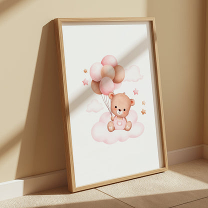 Premium Poster of Cute Bear with Balloons on Clouds Nursery Art Posters