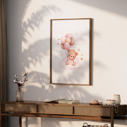 Premium Poster of Cute Bear with Balloons on Clouds Nursery Art Posters