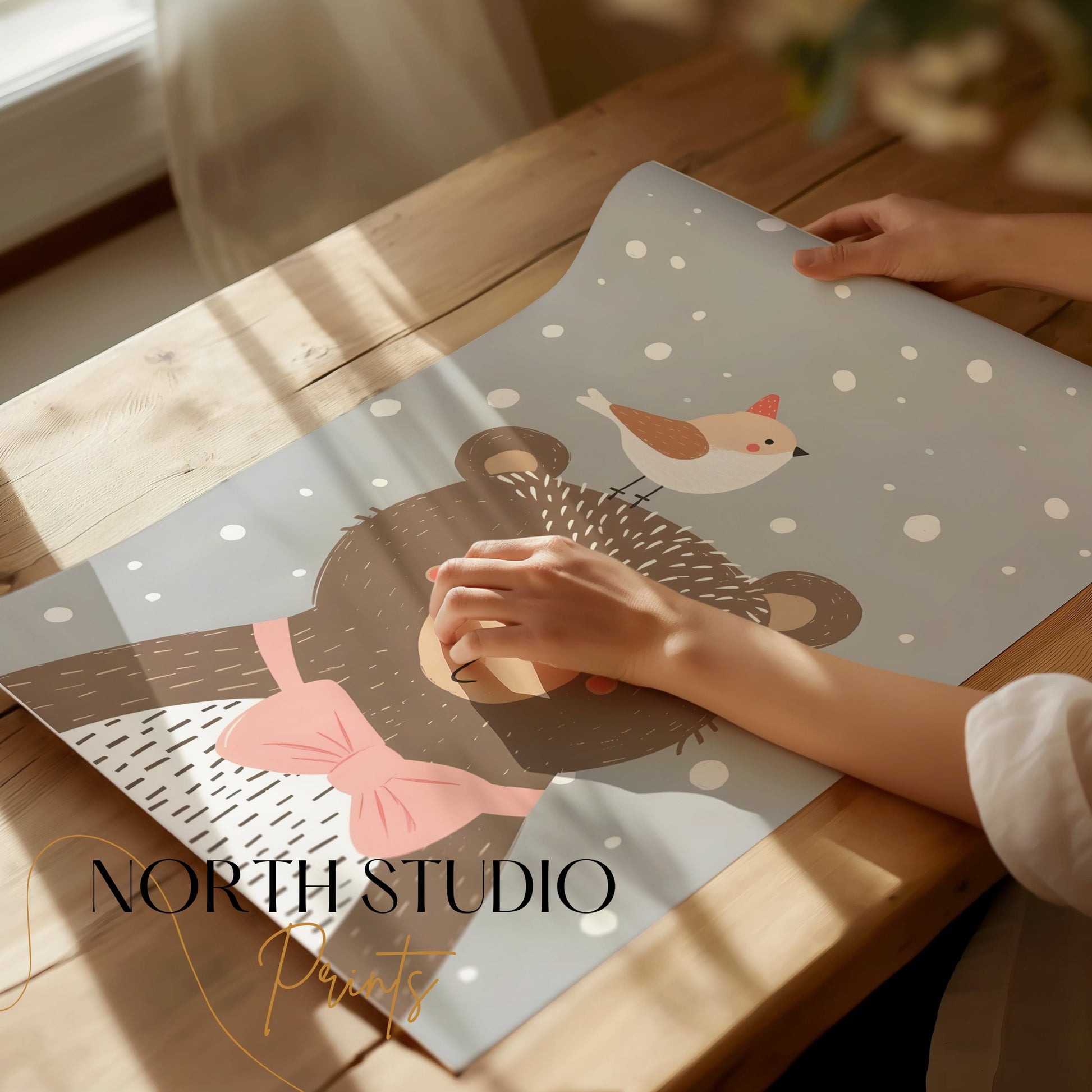Premium Poster of Cute Bear with Bird in Winter Snowflakes Posters