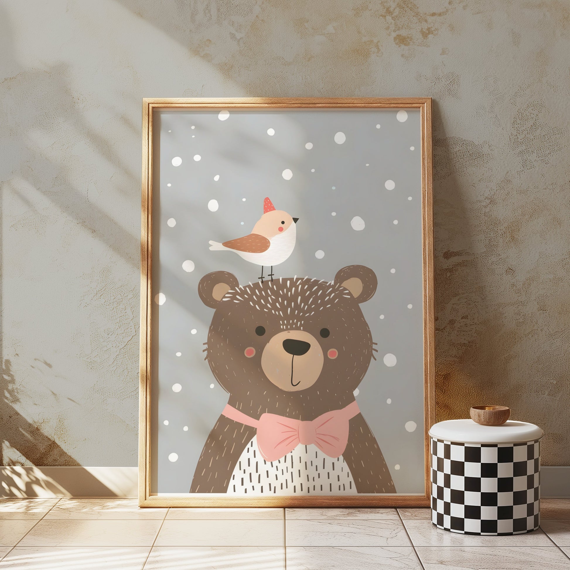 Premium Poster of Cute Bear with Bird in Winter Snowflakes Posters