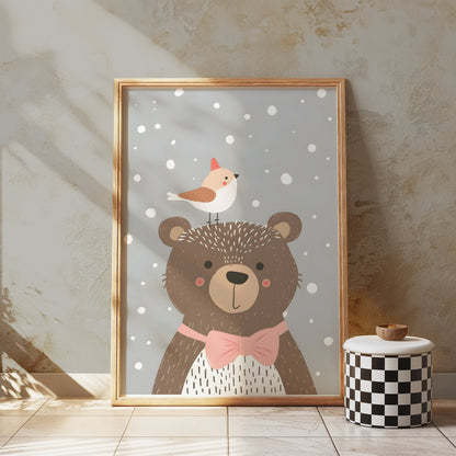 Premium Poster of Cute Bear with Bird in Winter Snowflakes Posters