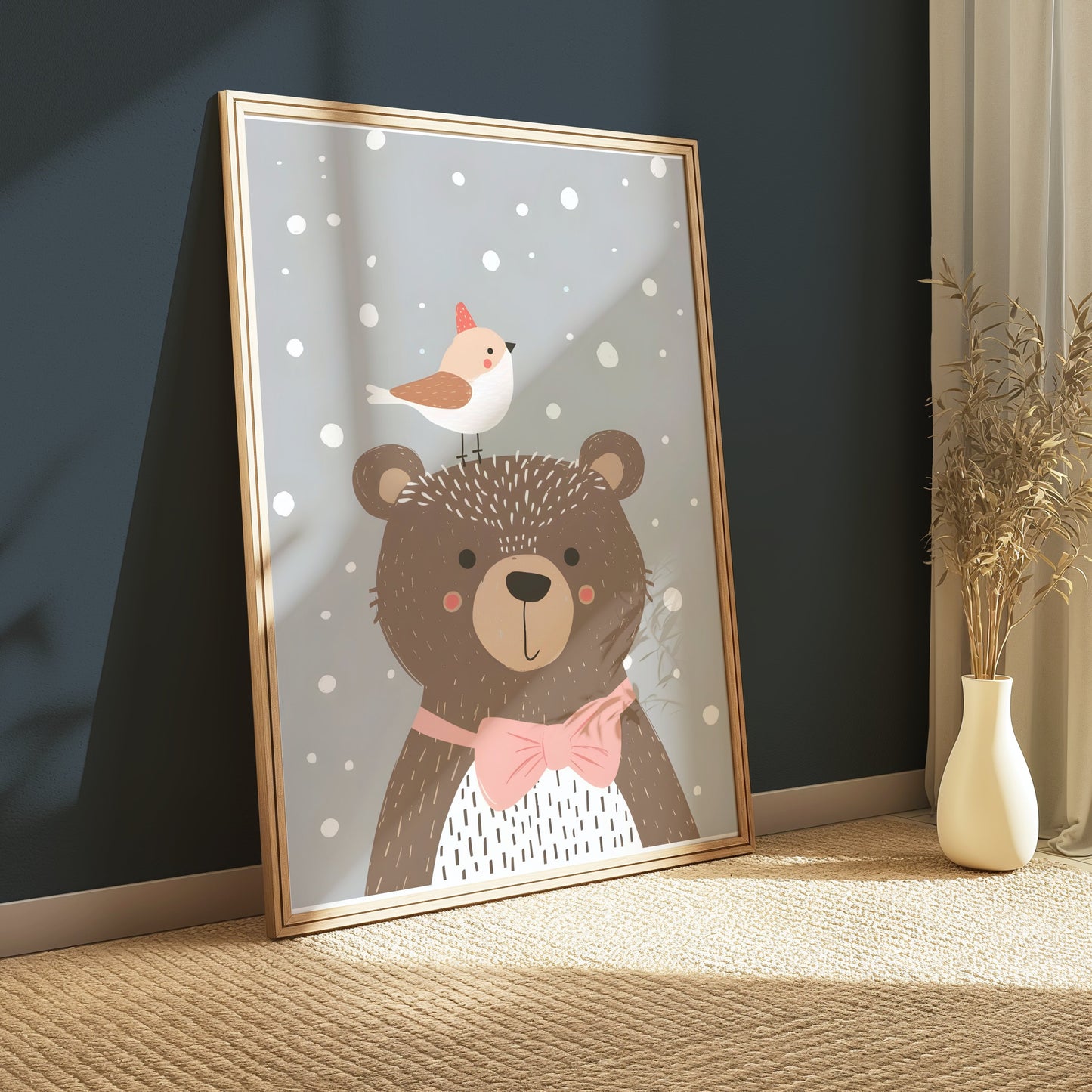 Premium Poster of Cute Bear with Bird in Winter Snowflakes Posters