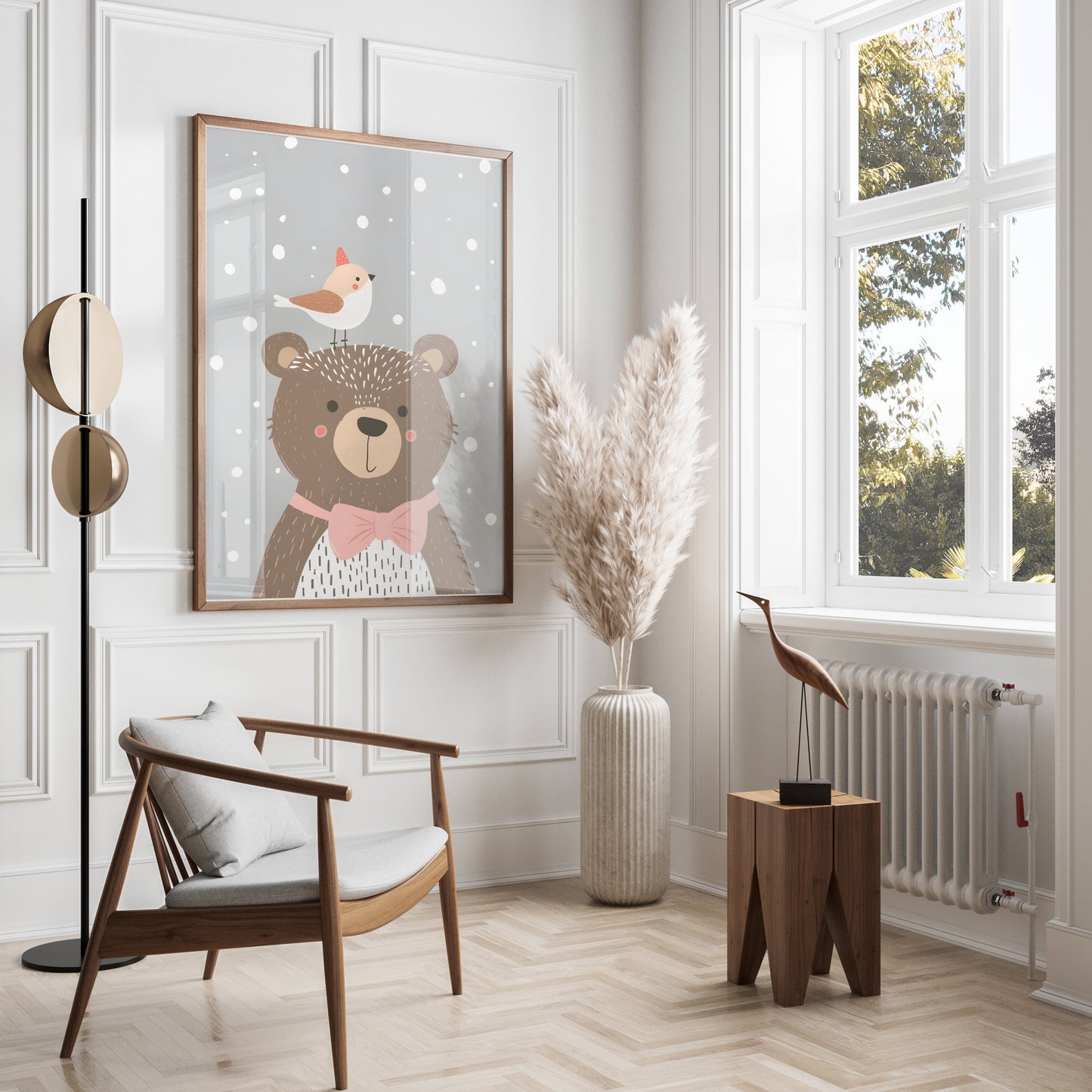 Premium Poster of Cute Bear with Bird in Winter Snowflakes Posters