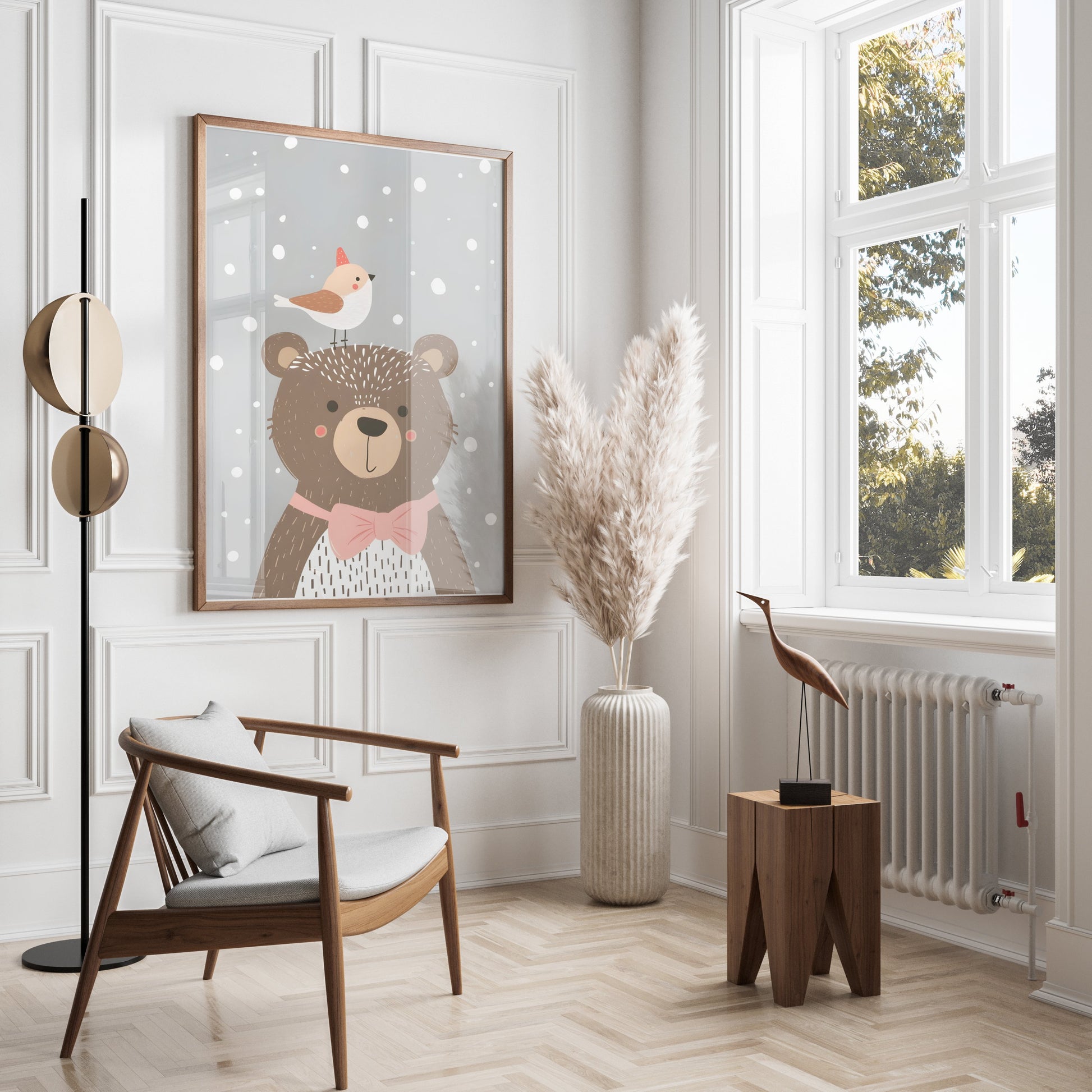 Premium Poster of Cute Bear with Bird in Winter Snowflakes Posters
