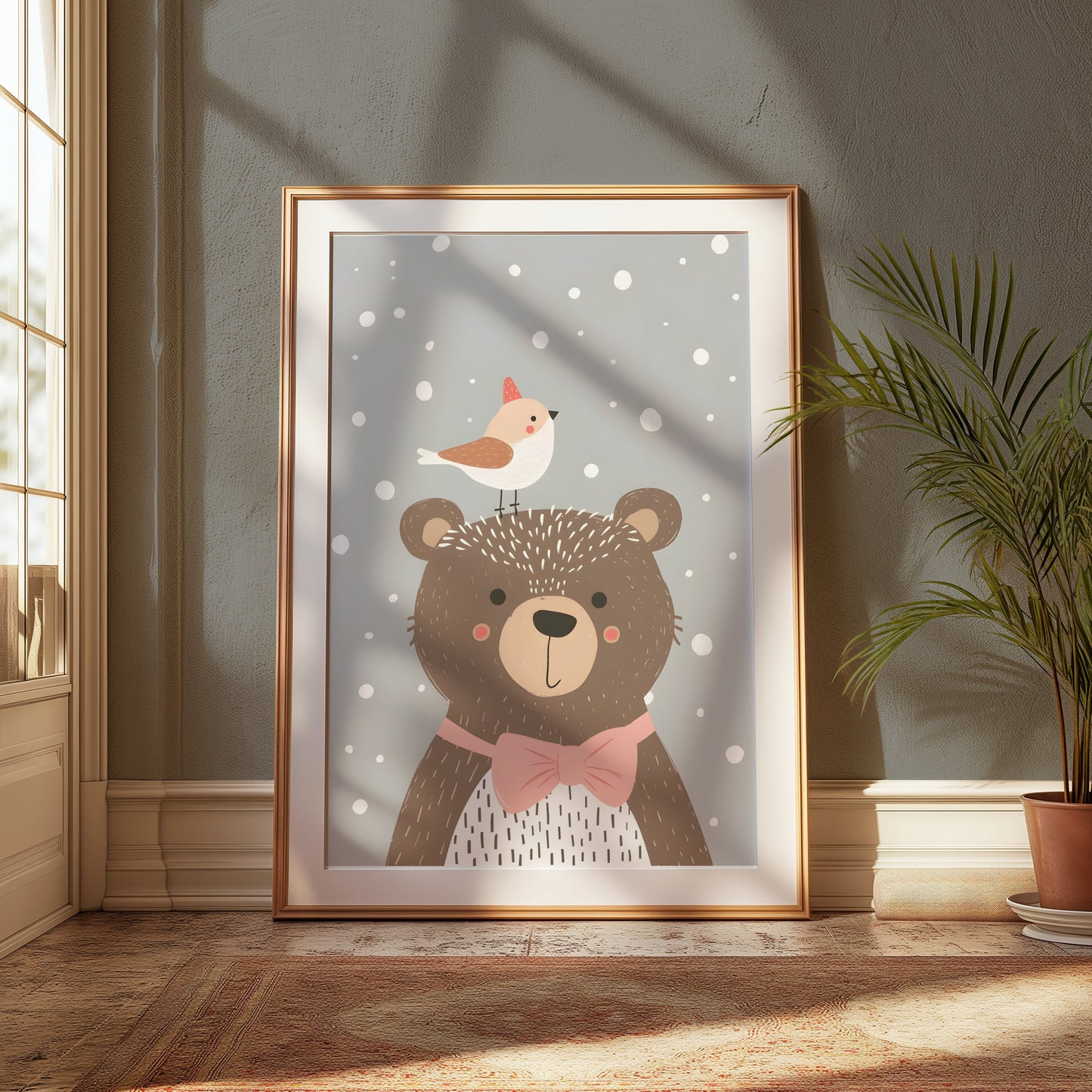 Premium Poster of Cute Bear with Bird in Winter Snowflakes Posters