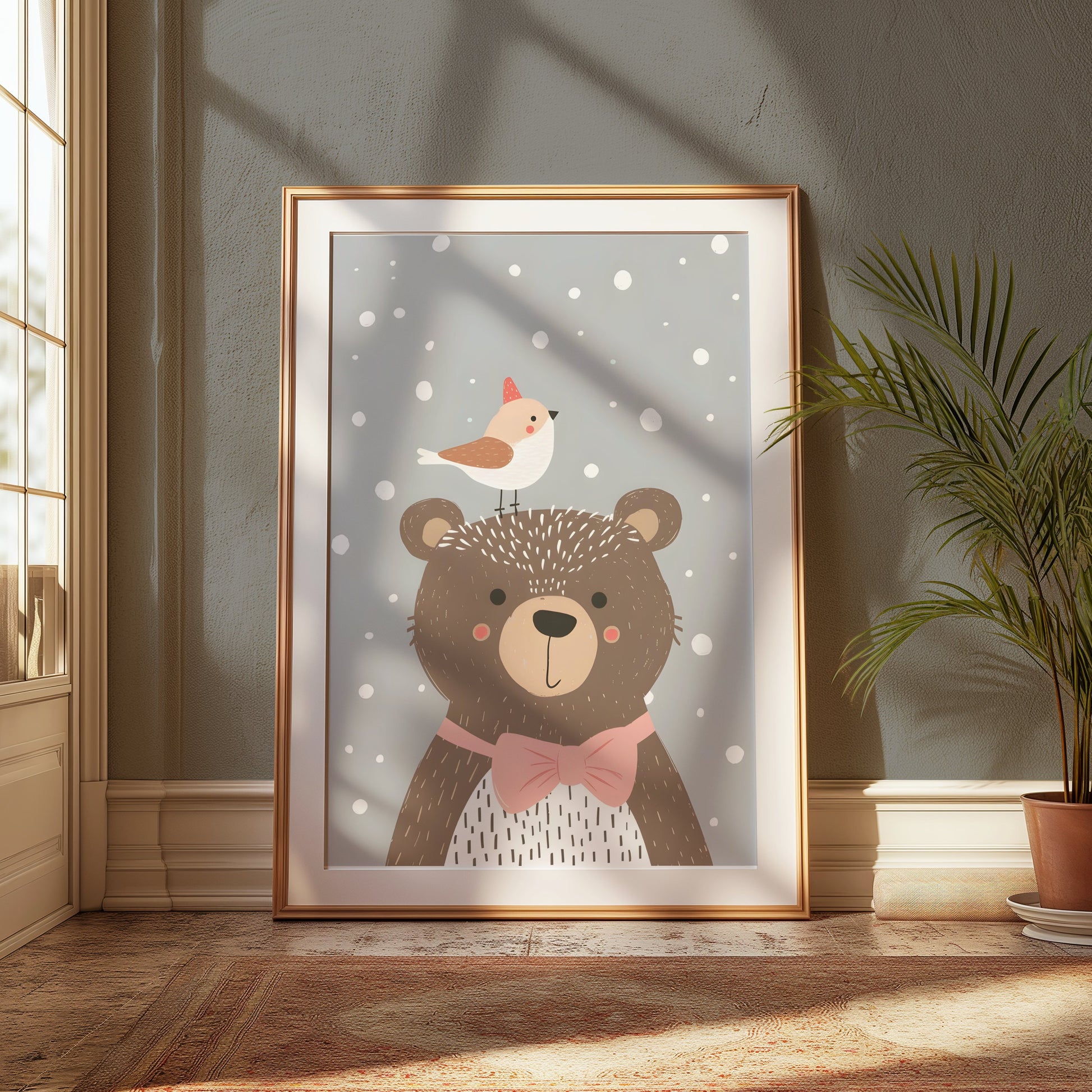Premium Poster of Cute Bear with Bird in Winter Snowflakes Posters