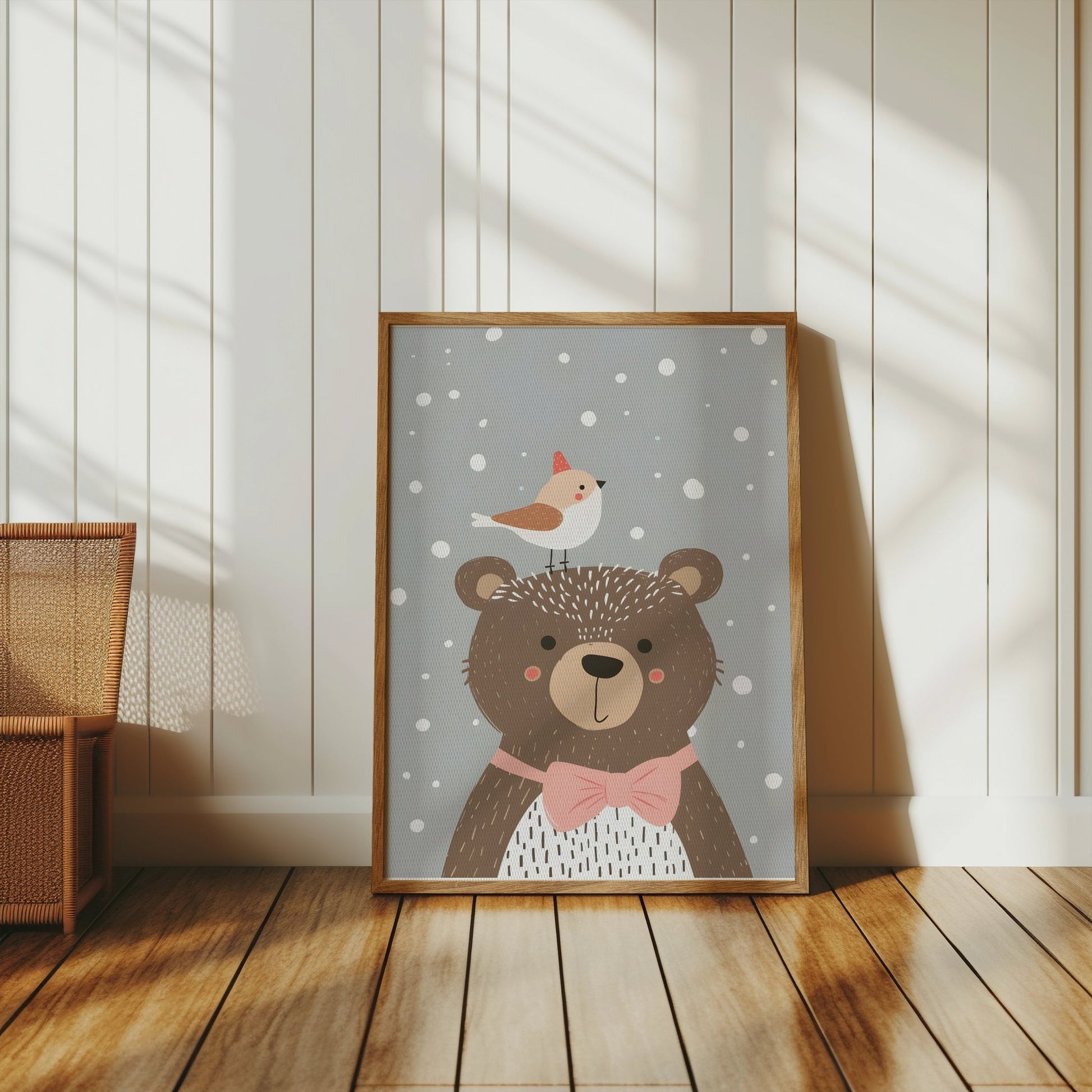 Premium Poster of Cute Bear with Bird in Winter Snowflakes Posters