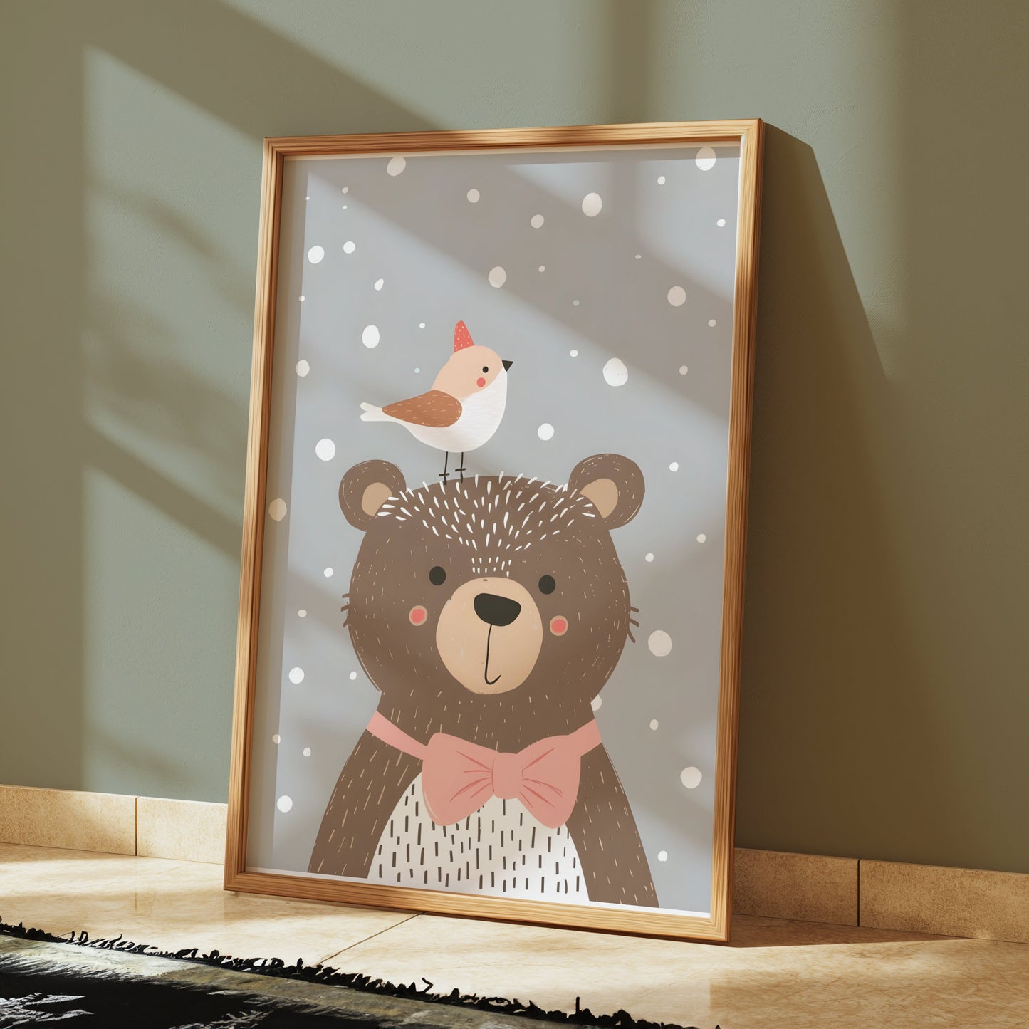 Premium Poster of Cute Bear with Bird in Winter Snowflakes Posters