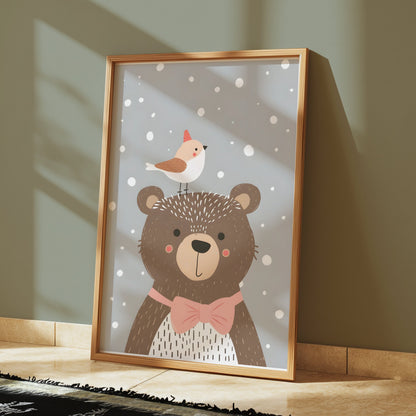 Premium Poster of Cute Bear with Bird in Winter Snowflakes Posters
