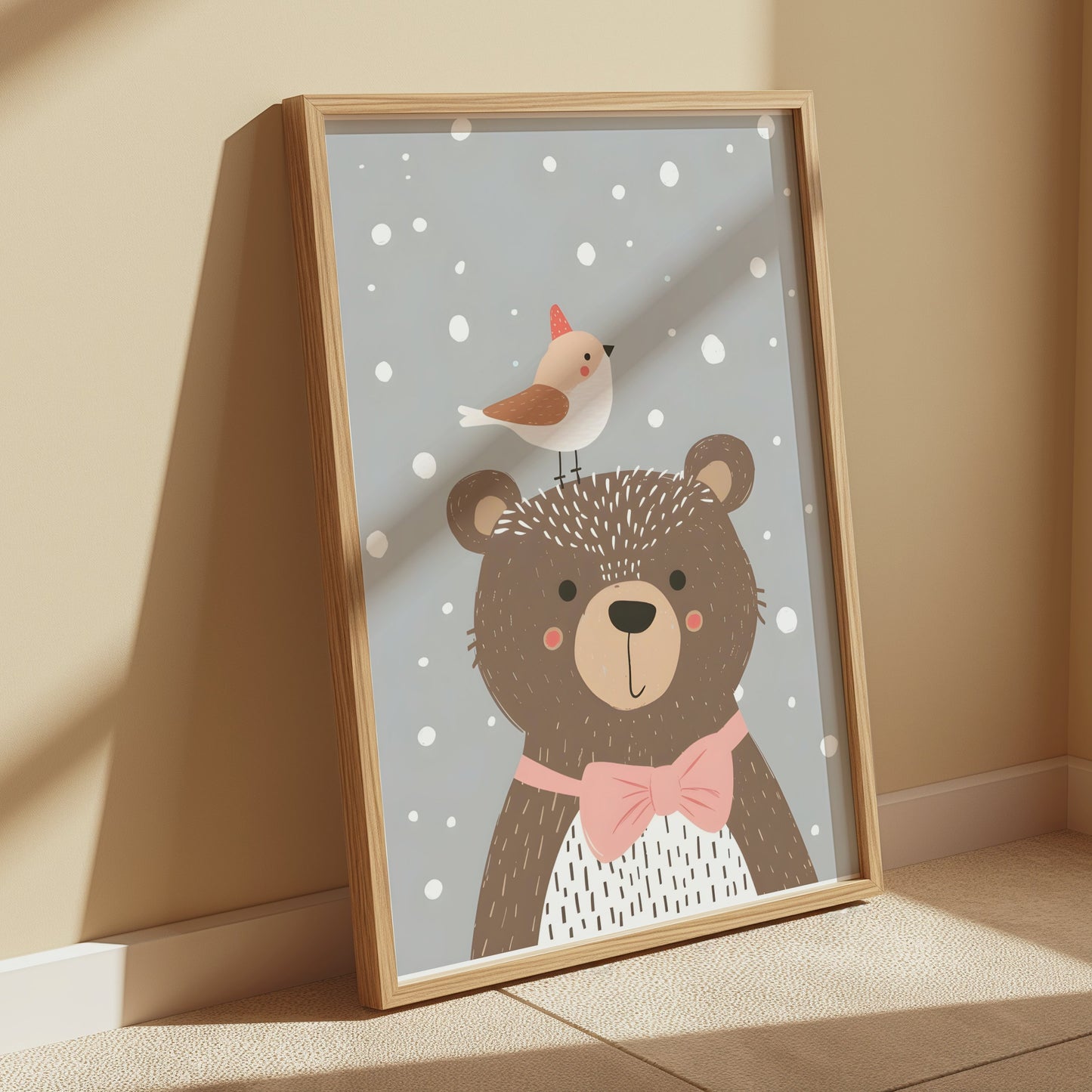 Premium Poster of Cute Bear with Bird in Winter Snowflakes Posters