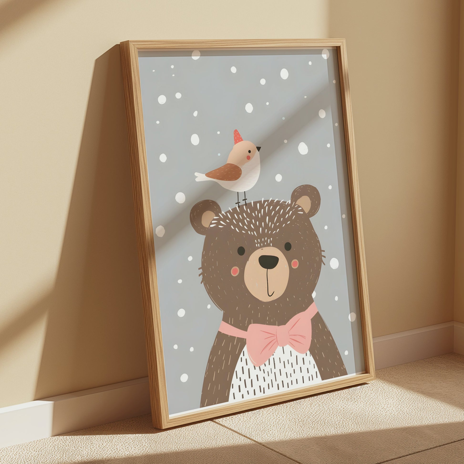 Premium Poster of Cute Bear with Bird in Winter Snowflakes Posters