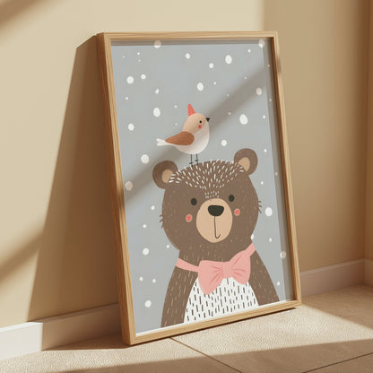 Premium Poster of Cute Bear with Bird in Winter Snowflakes Posters