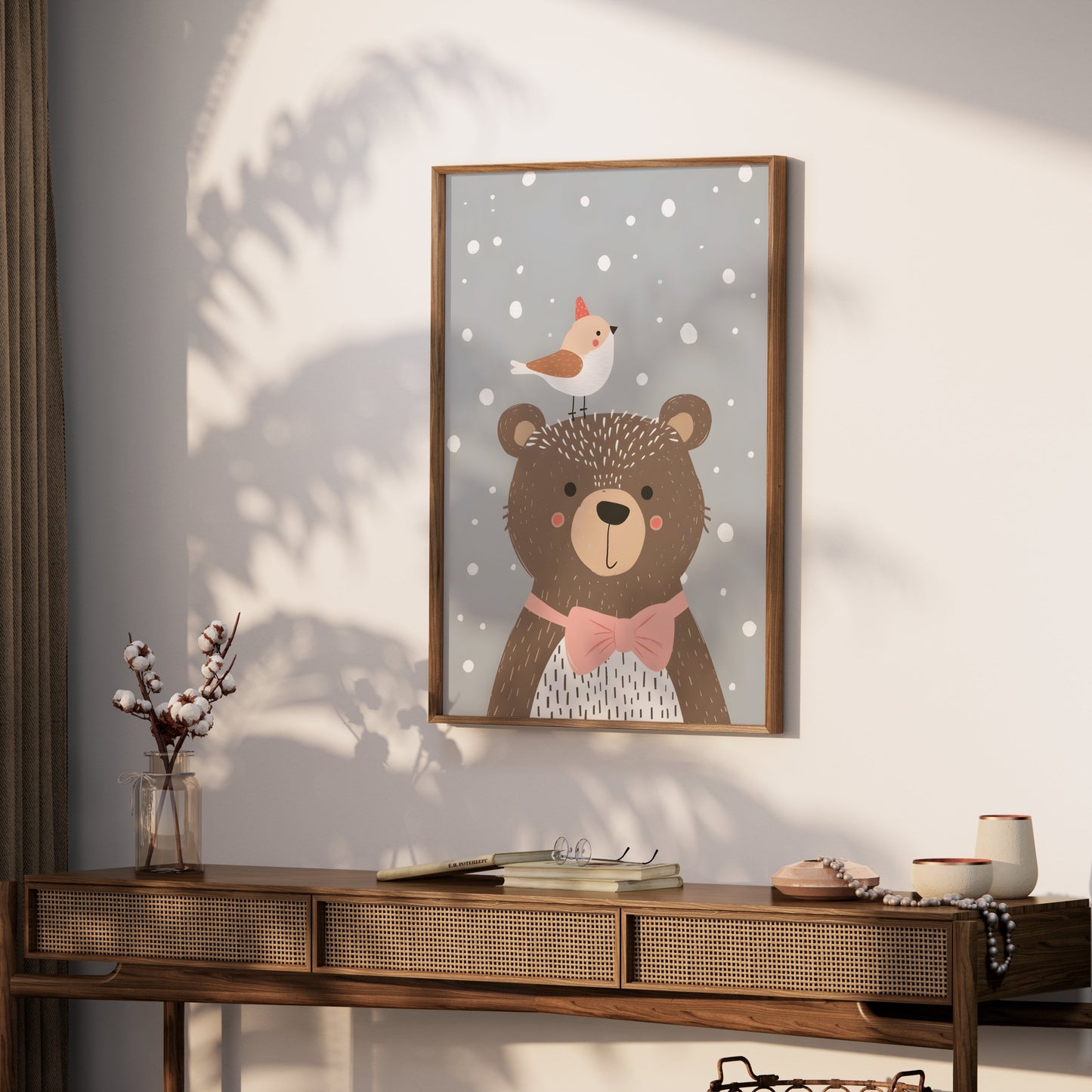 Premium Poster of Cute Bear with Bird in Winter Snowflakes Posters