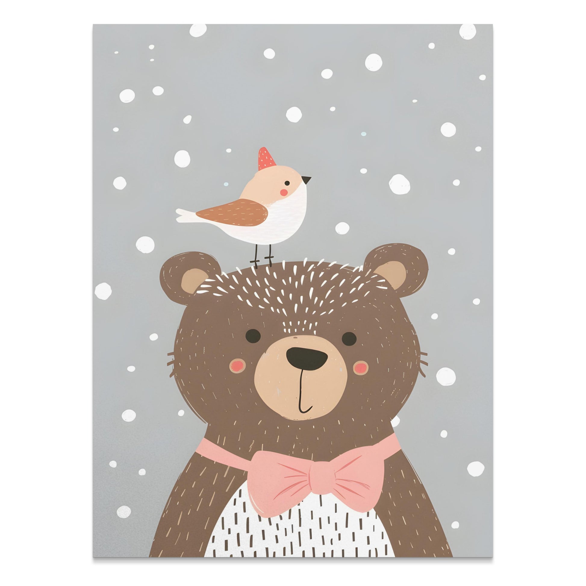 Premium Poster of Cute Bear with Bird in Winter Snowflakes Posters