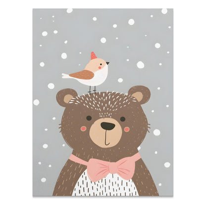 Premium Poster of Cute Bear with Bird in Winter Snowflakes Posters