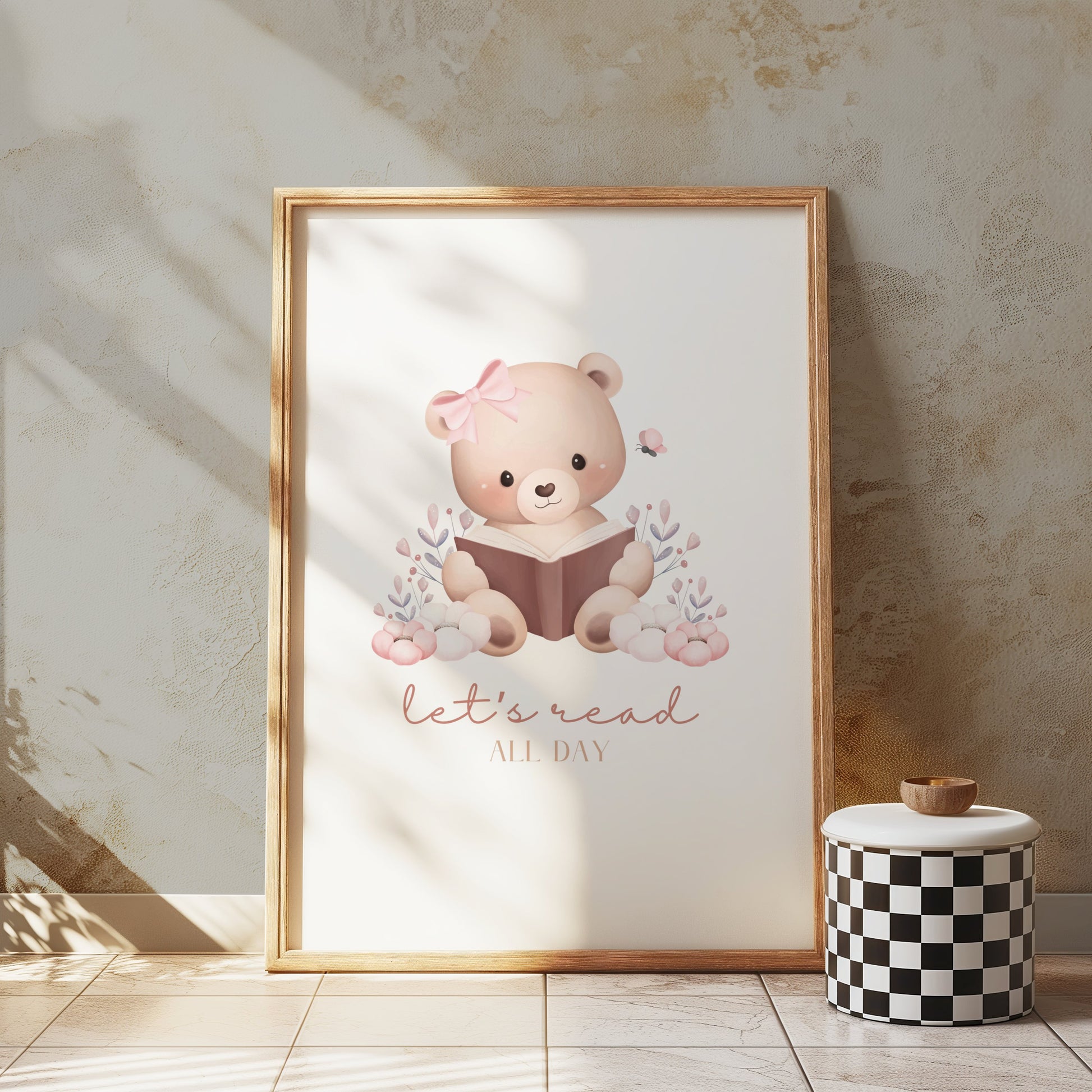 Premium Poster of Cute Bear with Book Quote Let's Read All Day Posters