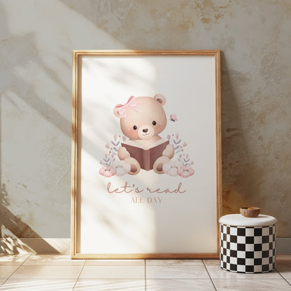 Premium Poster of Cute Bear with Book Quote Let's Read All Day Posters