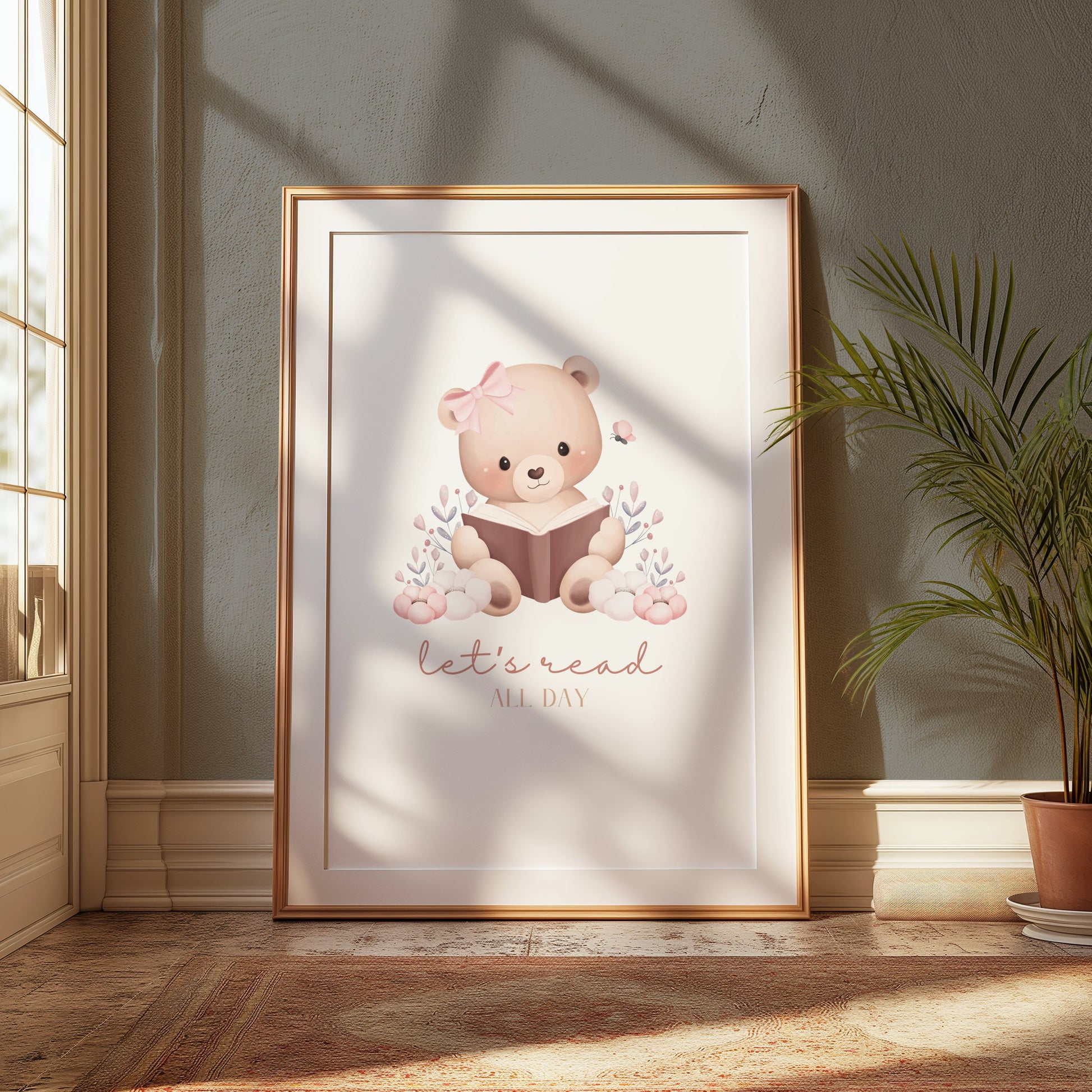 Premium Poster of Cute Bear with Book Quote Let's Read All Day Posters
