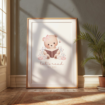 Premium Poster of Cute Bear with Book Quote Let's Read All Day Posters